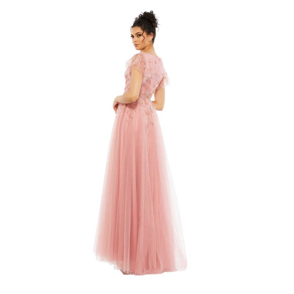 Mac Duggal Formal Pink Maxi Beaded Dress 11224 Tulle Salmon Flowers Gown 16 - Picture 11 of 14